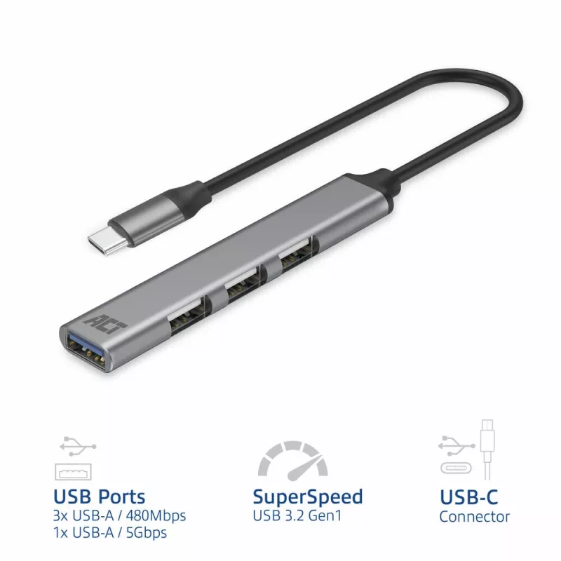 USB Hub ACT AC6425 Type-C 5000 Mbit/s Alumīnijs pelēks
