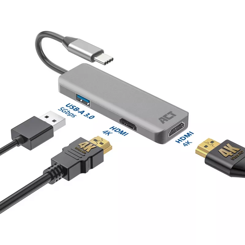 ACT USB-C 4K daudzportu adapteris 2 HDMI monitoriem, USB-A datu ports