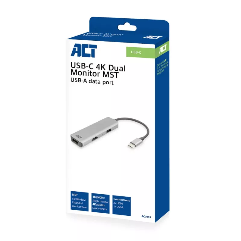 ACT USB-C 4K daudzportu adapteris 2 HDMI monitoriem, USB-A datu ports