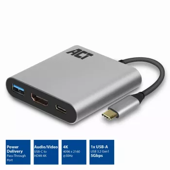 ACT USB-C vairāku pieslēgvietu adapteris 1 HDMI monitoram, 1x USB-A, PD caurlaide