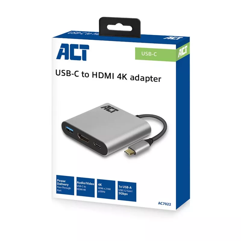ACT USB-C vairāku pieslēgvietu adapteris 1 HDMI monitoram, 1x USB-A, PD caurlaide