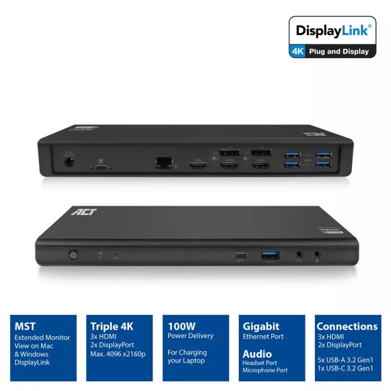 ACT USB-C dokstacija 4K, 2 vai 3 HDMI/DisplayPort monitoriem, DisplayLink
