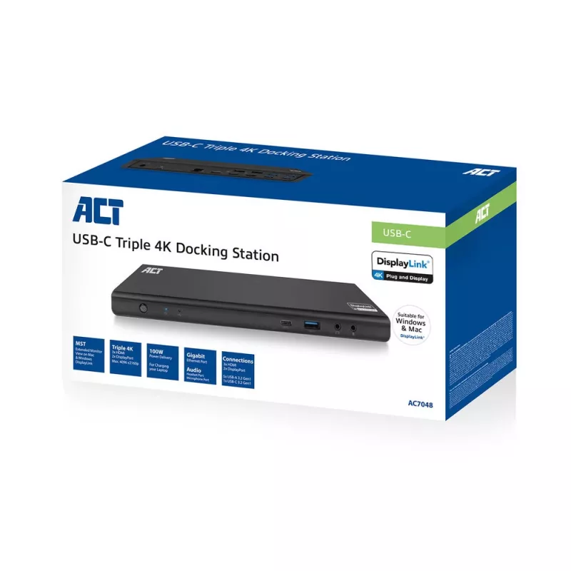 ACT USB-C dokstacija 4K, 2 vai 3 HDMI/DisplayPort monitoriem, DisplayLink