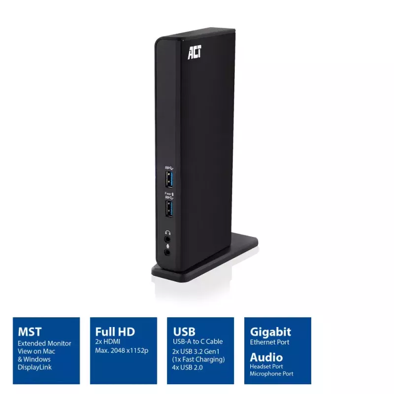 ACT Universāla USB-C vai USB-A dokstacija, 2 HDMI monitoriem, DisplayLink