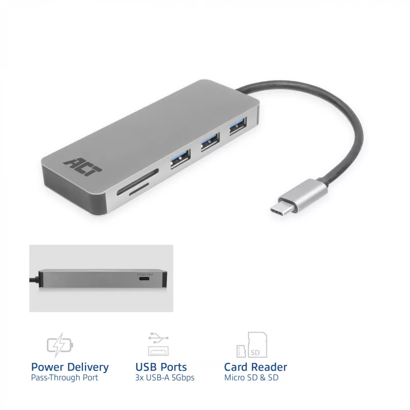 ACT USB-C centrmezgls 3.0, 3x USB-A, karšu lasītājs, PD caurlaide