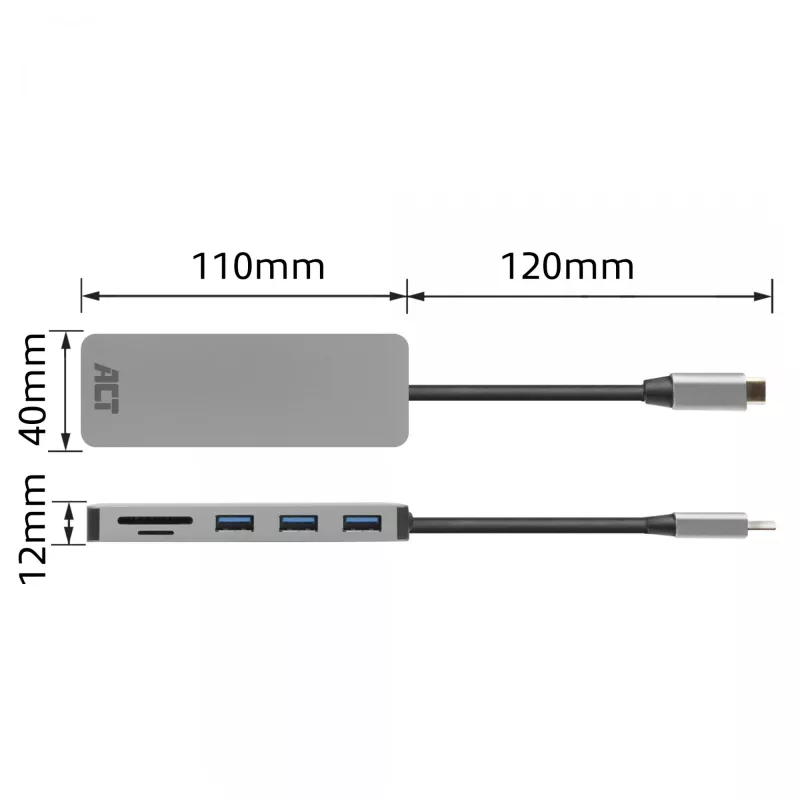 ACT USB-C centrmezgls 3.0, 3x USB-A, karšu lasītājs, PD caurlaide