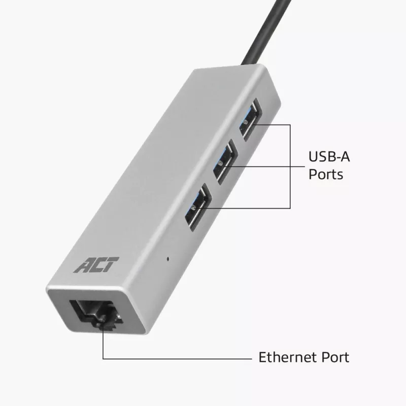 USB-C centrmezgls ACT AC7055 3x USB-A Gigabit Ethernet