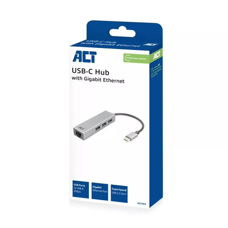 USB-C centrmezgls ACT AC7055 3x USB-A Gigabit Ethernet