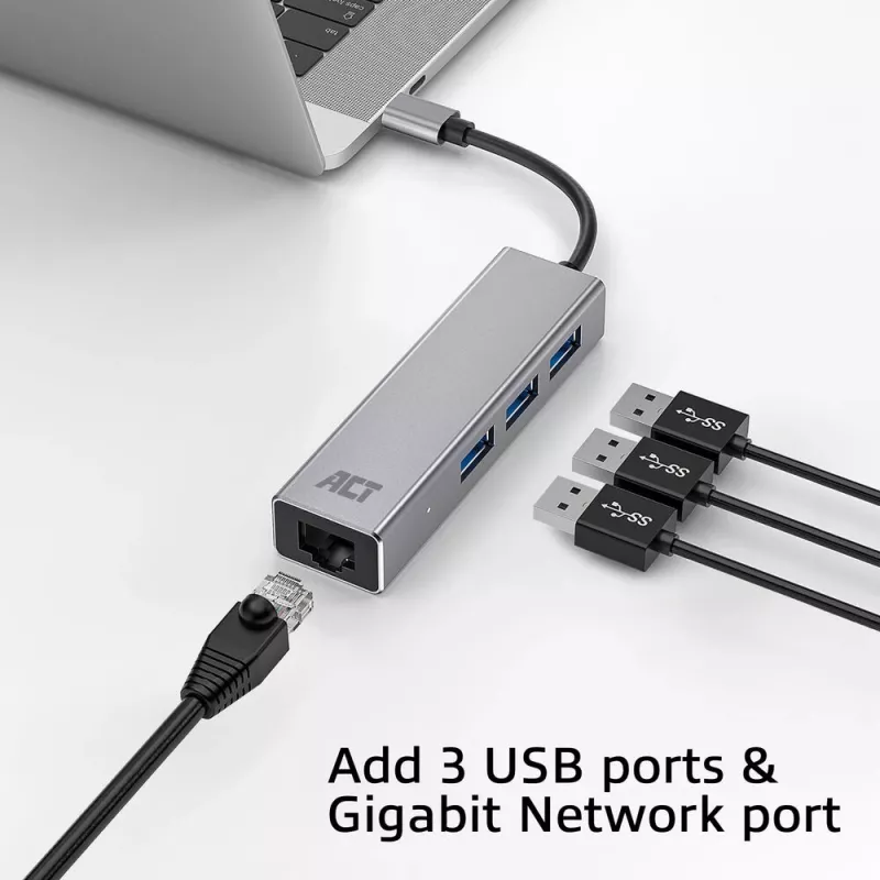 USB-C centrmezgls ACT AC7055 3x USB-A Gigabit Ethernet