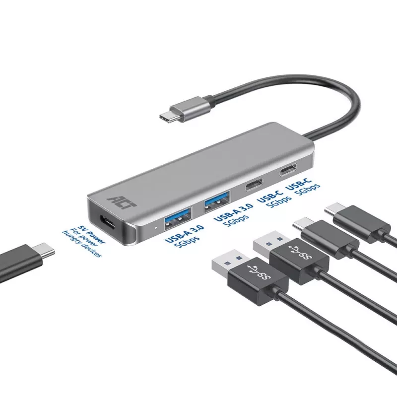 ACT AC7072 USB 3.2 Gen 1 Type-C centrmezgls 5000 Mbit/s Melns Pelēks