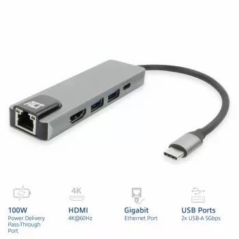 ACT USB-C 4K dokstacija 1 HDMI monitoram, ethernet, USB-A, PD caurlaide