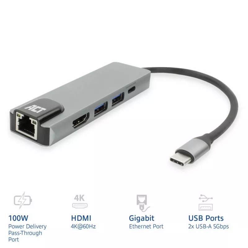 ACT USB-C 4K dokstacija 1 HDMI monitoram, ethernet, USB-A, PD caurlaide