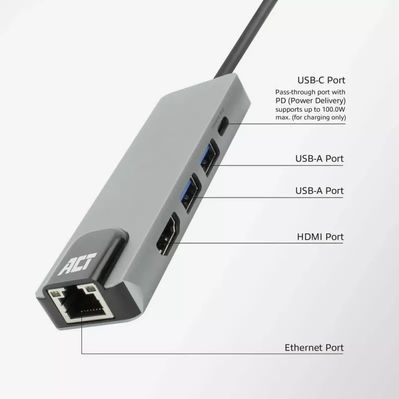 ACT USB-C 4K dokstacija 1 HDMI monitoram, ethernet, USB-A, PD caurlaide