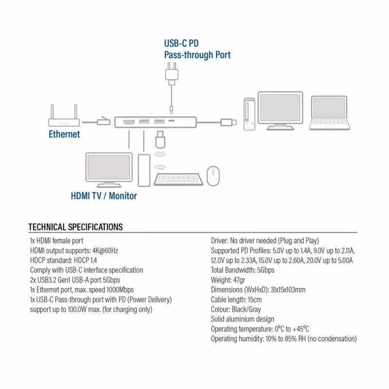 ACT USB-C 4K dokstacija 1 HDMI monitoram, ethernet, USB-A, PD caurlaide