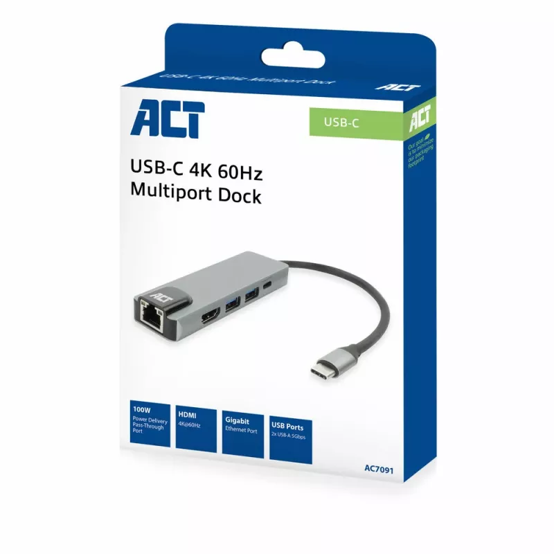 ACT USB-C 4K dokstacija 1 HDMI monitoram, ethernet, USB-A, PD caurlaide