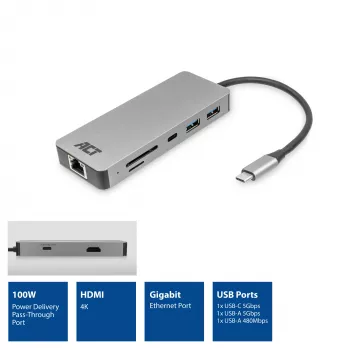 ACT USB-C 4K dokstacija 1 HDMI monitoram, Ethernet, USB-C, USB-A, karšu lasītājs un PD caurlaide