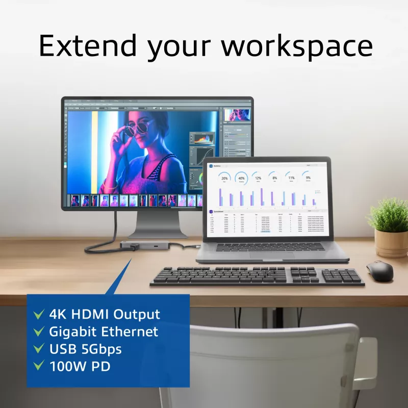 ACT USB-C 4K dokstacija 1 HDMI monitoram, Ethernet, USB-C, USB-A, karšu lasītājs un PD caurlaide