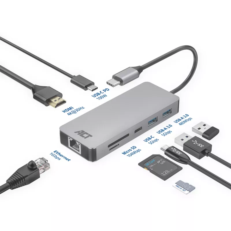 ACT USB-C 4K dokstacija 1 HDMI monitoram, Ethernet, USB-C, USB-A, karšu lasītājs un PD caurlaide