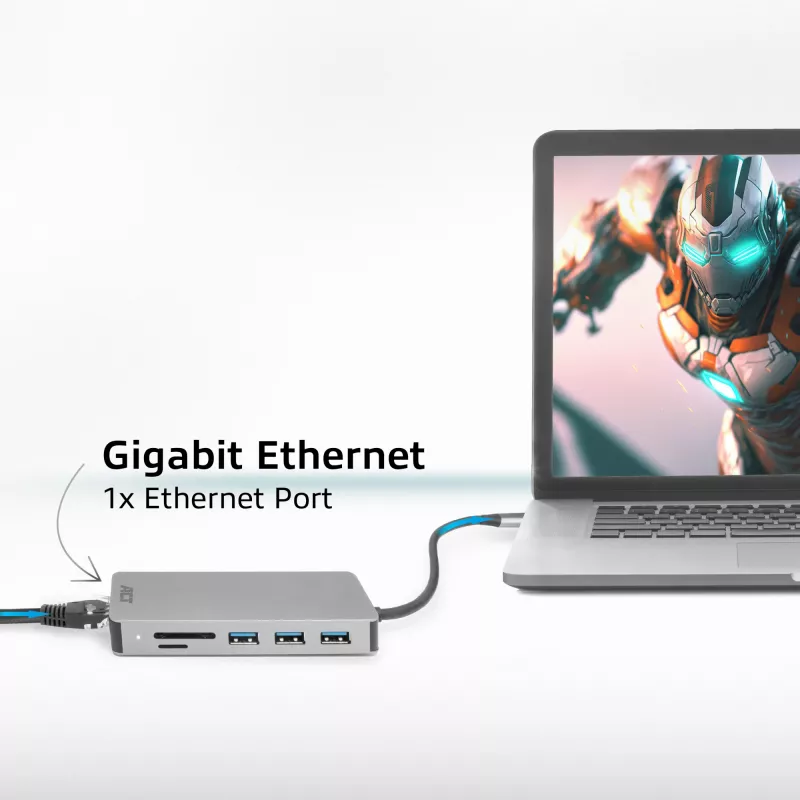 ACT USB-C 4K dokstacija 1 HDMI monitoram, Ethernet, USB-C, USB-A, karšu lasītājs un PD caurlaide