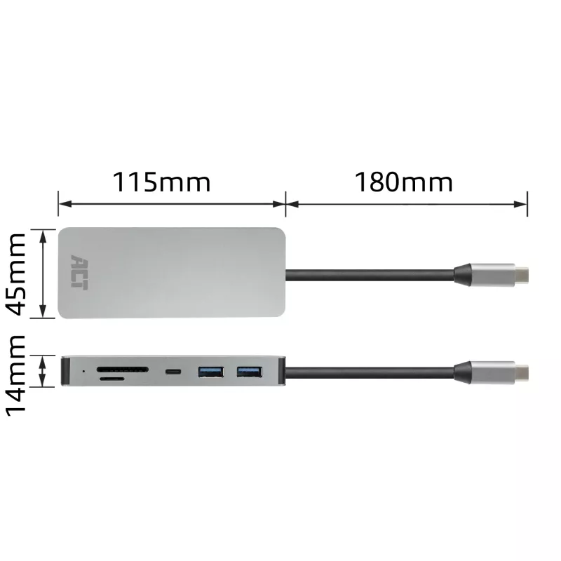 ACT USB-C 4K dokstacija 1 HDMI monitoram, Ethernet, USB-C, USB-A, karšu lasītājs un PD caurlaide