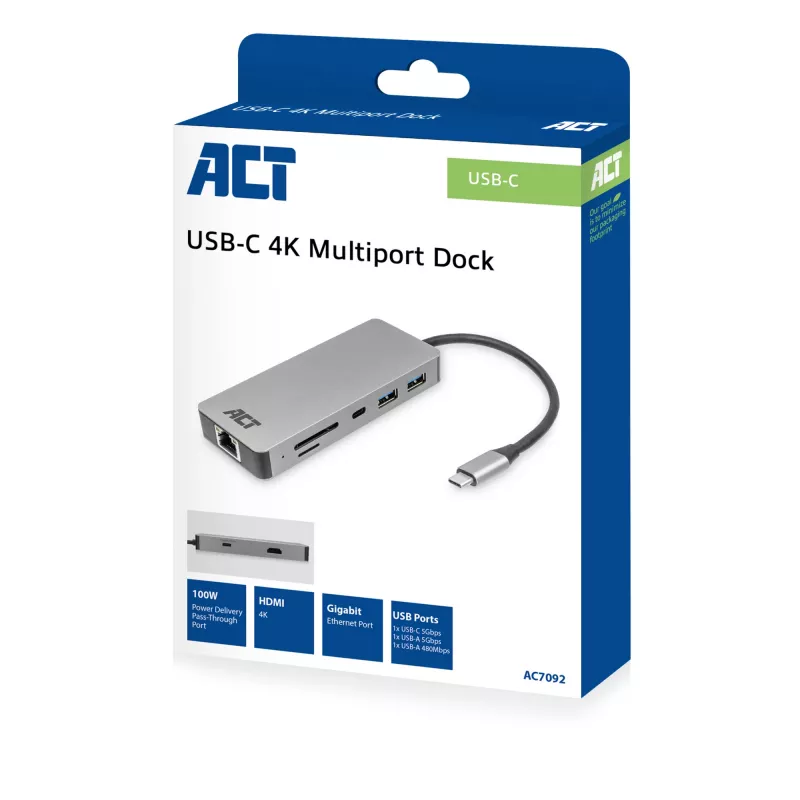 ACT USB-C 4K dokstacija 1 HDMI monitoram, Ethernet, USB-C, USB-A, karšu lasītājs un PD caurlaide