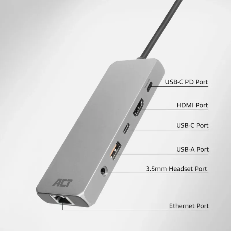 ACT USB-C 4K / 8K 30Hz dokstacija 1 HDMI monitoram, 2,5 Gigabit Ethernet, USB-C 10Gbps, USB-A 10Gbps, 3,5mm audio, PD caurlaide