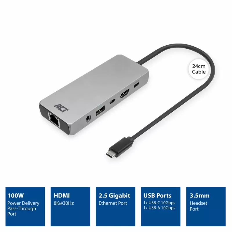 ACT USB-C 4K / 8K 30Hz dokstacija 1 HDMI monitoram, 2,5 Gigabit Ethernet, USB-C 10Gbps, USB-A 10Gbps, 3,5mm audio, PD caurlaide