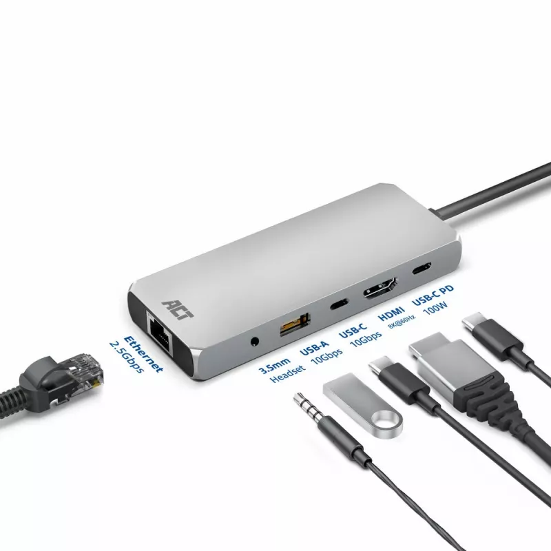 ACT USB-C 4K / 8K 30Hz dokstacija 1 HDMI monitoram, 2,5 Gigabit Ethernet, USB-C 10Gbps, USB-A 10Gbps, 3,5mm audio, PD caurlaide