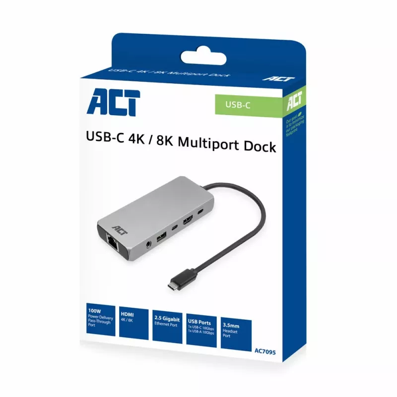 ACT USB-C 4K / 8K 30Hz dokstacija 1 HDMI monitoram, 2,5 Gigabit Ethernet, USB-C 10Gbps, USB-A 10Gbps, 3,5mm audio, PD caurlaide