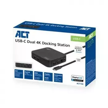 ACT Universālā USB-C dokstacija 4K, 2 HDMI/DisplayPort monitoriem, DisplayLink, kompakts dizains