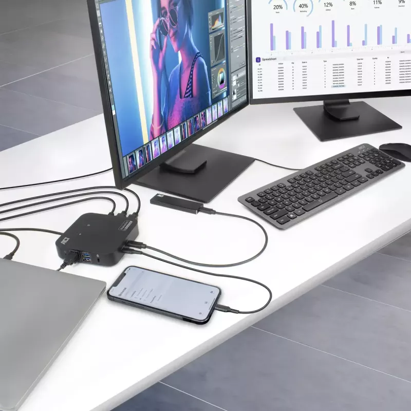 ACT Universālā USB-C dokstacija 4K, 2 HDMI/DisplayPort monitoriem, DisplayLink, kompakts dizains