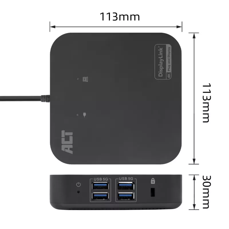 ACT Universālā USB-C dokstacija 4K, 2 HDMI/DisplayPort monitoriem, DisplayLink, kompakts dizains