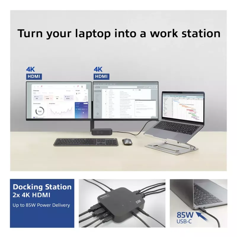 ACT Universālā USB-C dokstacija 4K, 2 HDMI/DisplayPort monitoriem, DisplayLink, kompakts dizains