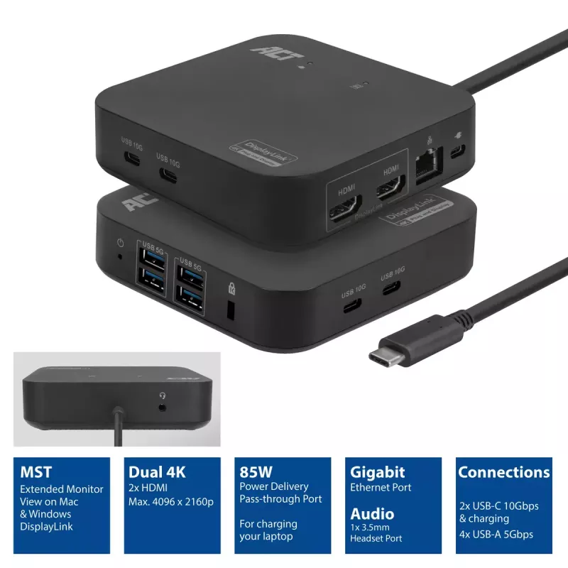 ACT Universālā USB-C dokstacija 4K, 2 HDMI/DisplayPort monitoriem, DisplayLink, kompakts dizains