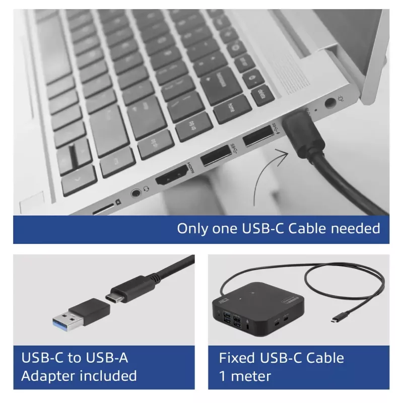 ACT Universālā USB-C dokstacija 4K, 2 HDMI/DisplayPort monitoriem, DisplayLink, kompakts dizains