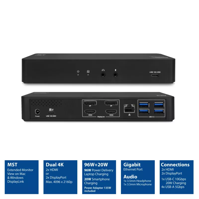 ACT USB-C dokstacija 4K, 2 HDMI vai DisplayPort monitoriem, DisplayLink