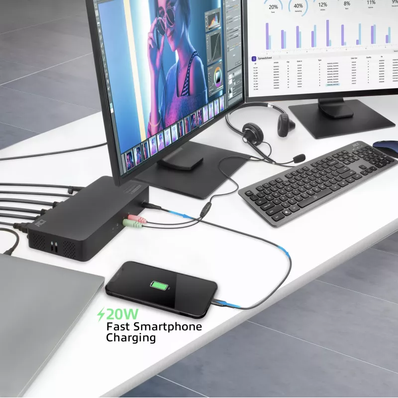 ACT USB-C dokstacija 4K, 2 HDMI vai DisplayPort monitoriem, DisplayLink