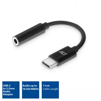 Audio kabelis ACT AC7380 0,11 m 3,5 mm sievišķais USB Type-C vīrišķais melns