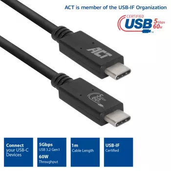 ACT USB 3.0 kabelis USB-C USB-IF sertificēts 1 metrs 5 Gbit/s