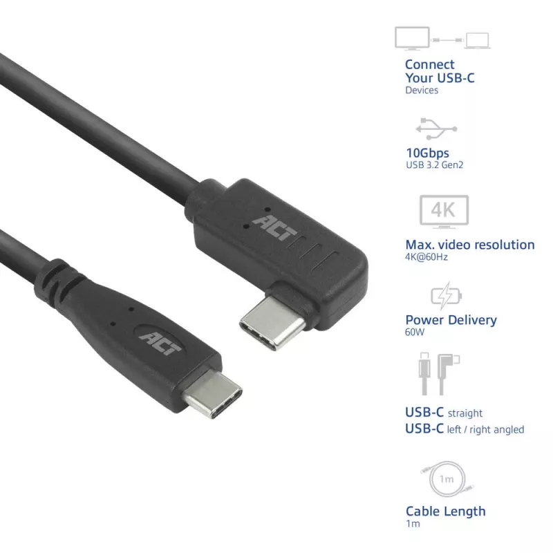 ACT USB 3.0 leņķa kabelis USB-C 1 metrs 5 Gbit/s melns