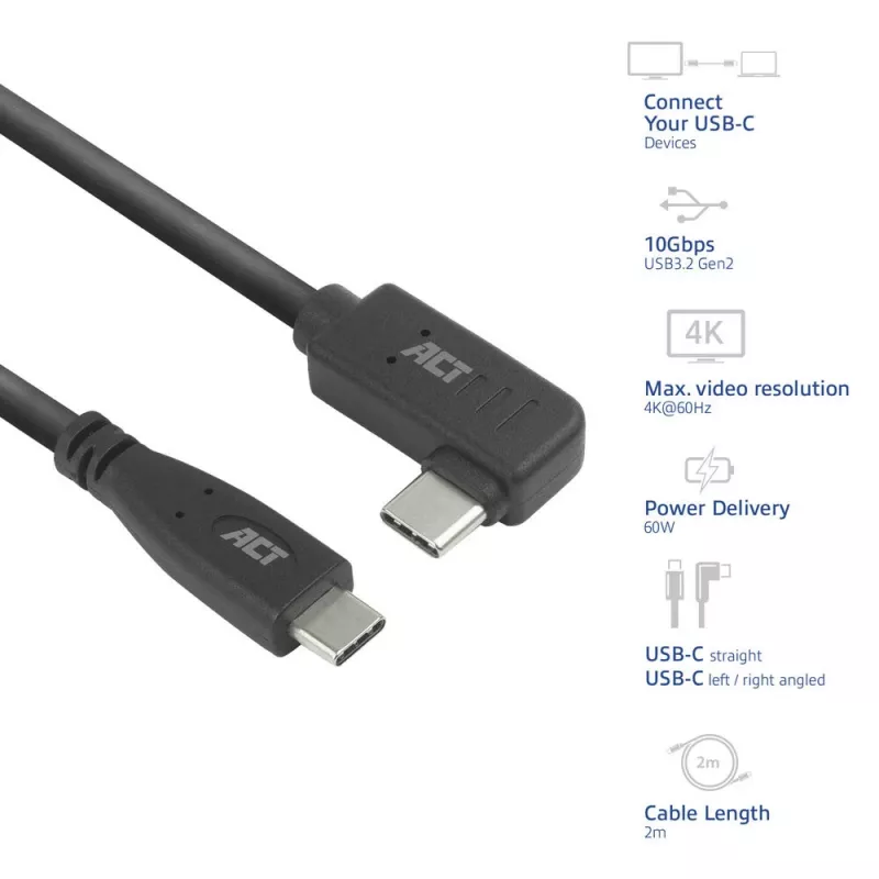 ACT USB 3.0 leņķa kabelis USB-C 2 metri 5 Gbit/s Melns