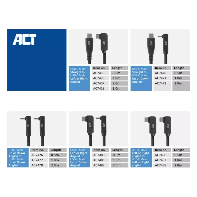 ACT USB 3.0 leņķa kabelis USB-C 2 metri 5 Gbit/s Melns