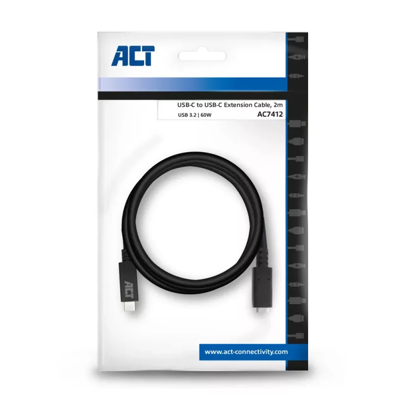 ACT USB 3.0 pagarinājuma kabelis USB-C 2 metri 5 Gbit/s Melns