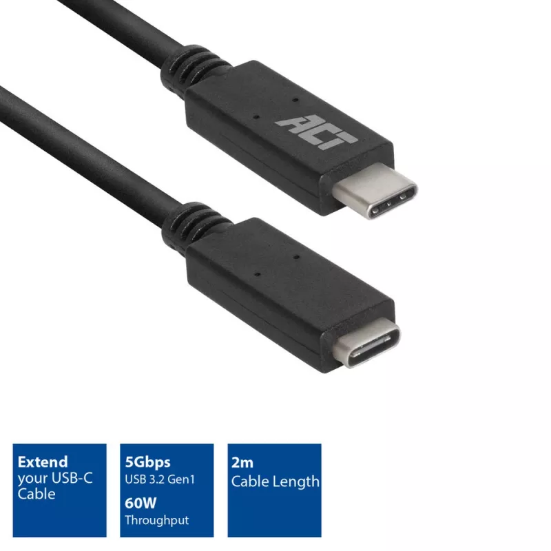 ACT USB 3.0 pagarinājuma kabelis USB-C 2 metri 5 Gbit/s Melns