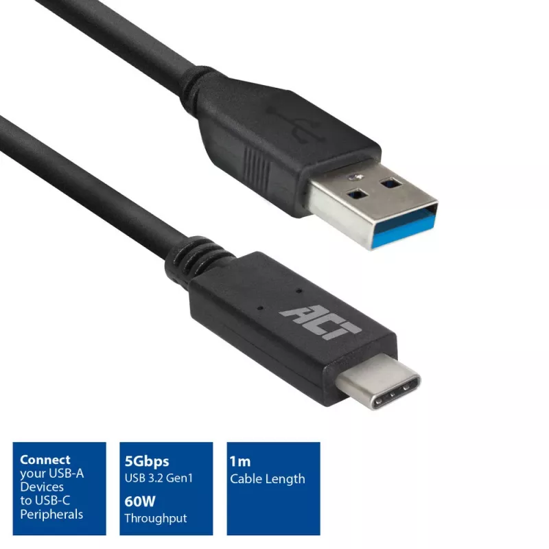 ACT USB 3.0 kabelis USB-A uz USB-C 1 metrs 5 Gbit/s Melns