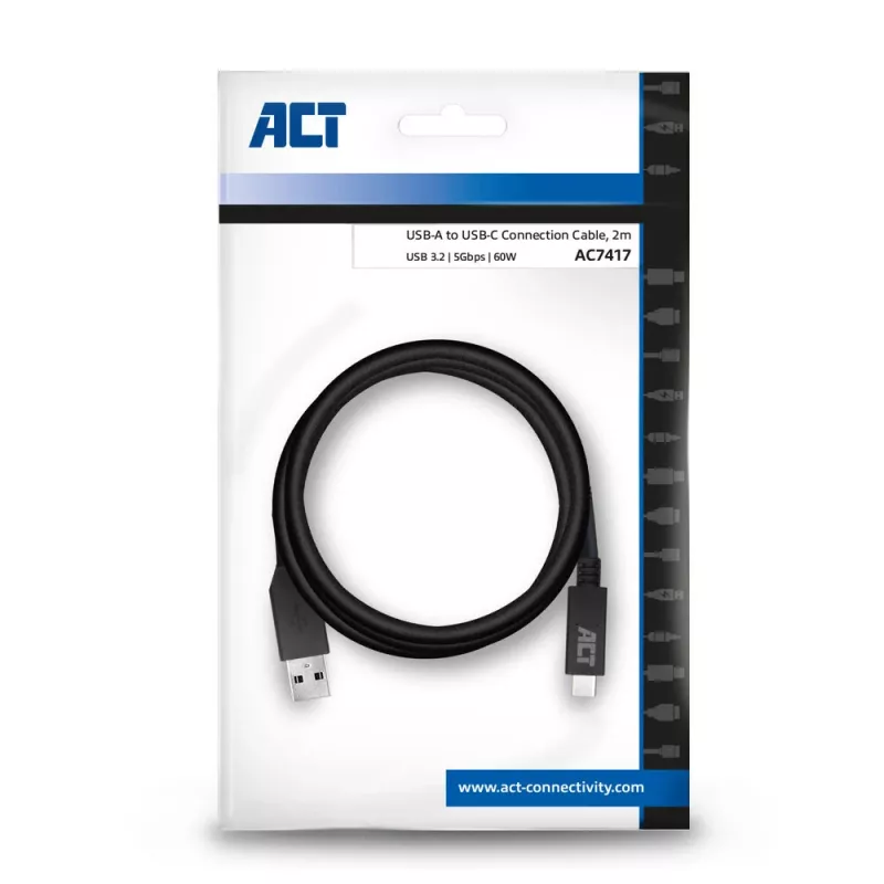 ACT USB 3.0 kabelis USB-A uz USB-C 2 metri 5 Gbit/s Melns