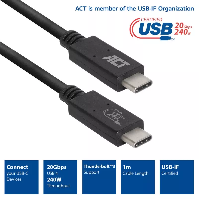 ACT USB4® 20Gbps kabelis, USB-C, USB-IF sertificēts, 1 metrs