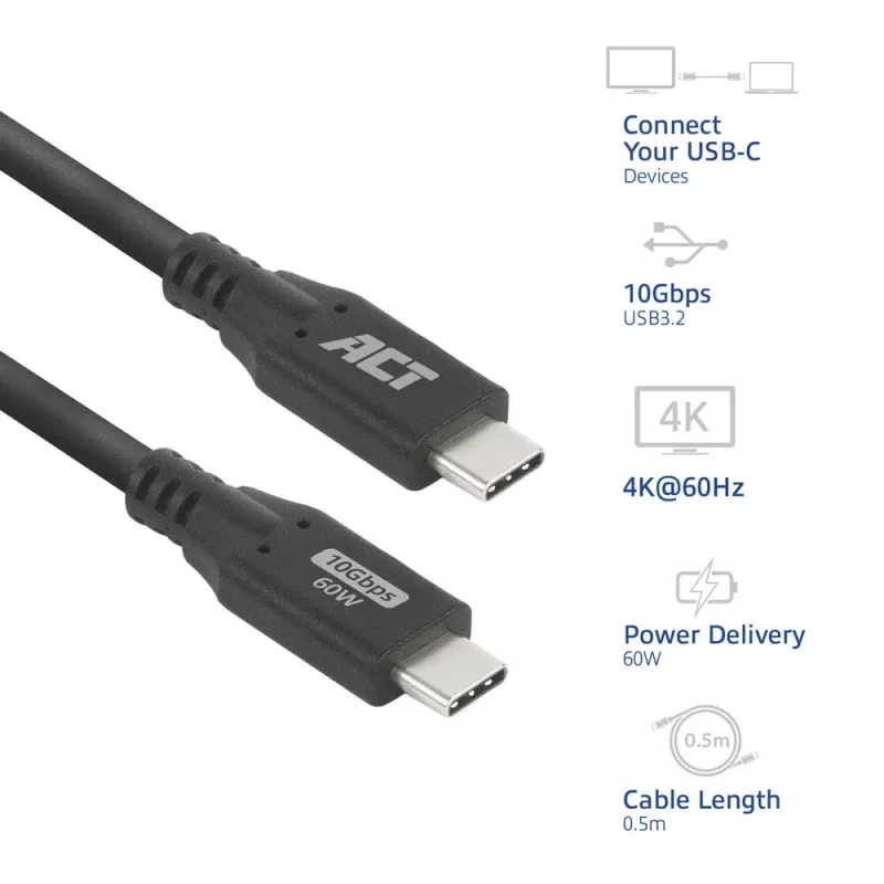 ACT USB 3.0 10Gbps 60W USB Type-C kabelis 0,5m melns