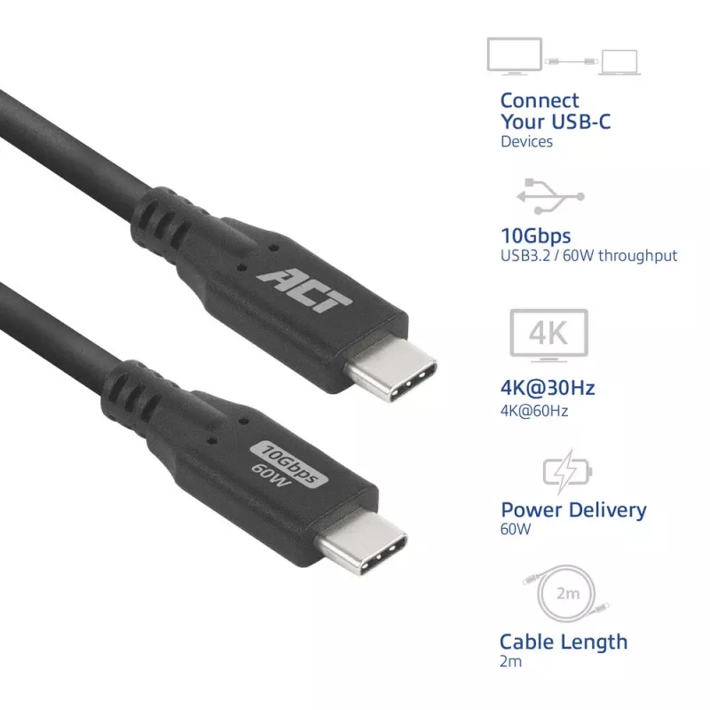 USB Type-C kabelis ACT AC7442 2m 10Gbps 60W Melns