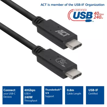 ACT USB4® 40Gbps 240W USB Type-C® kabelis, USB-IF sertificēts 0,8 metri
